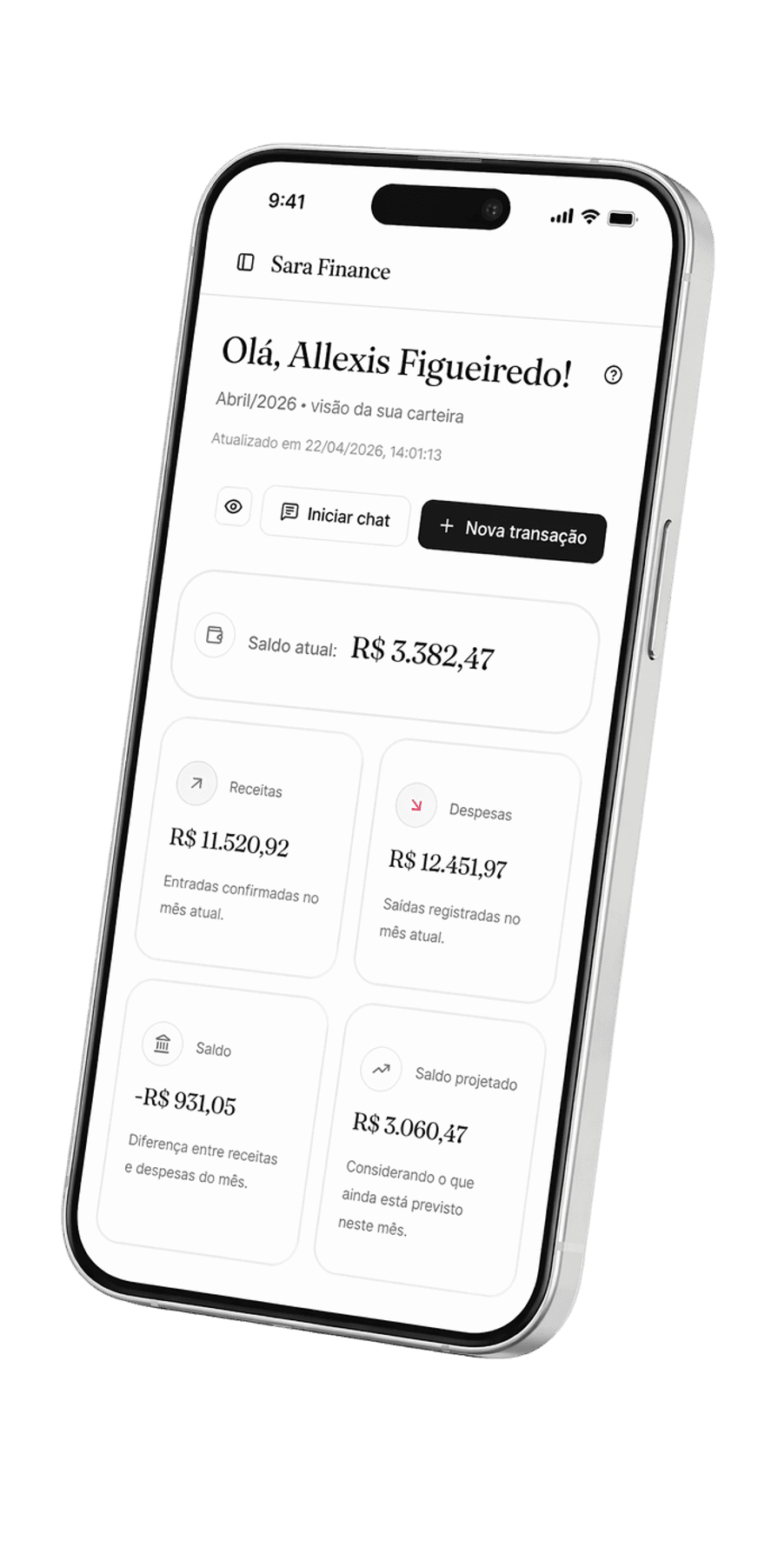 Prévia do app Sara Finance no telefone