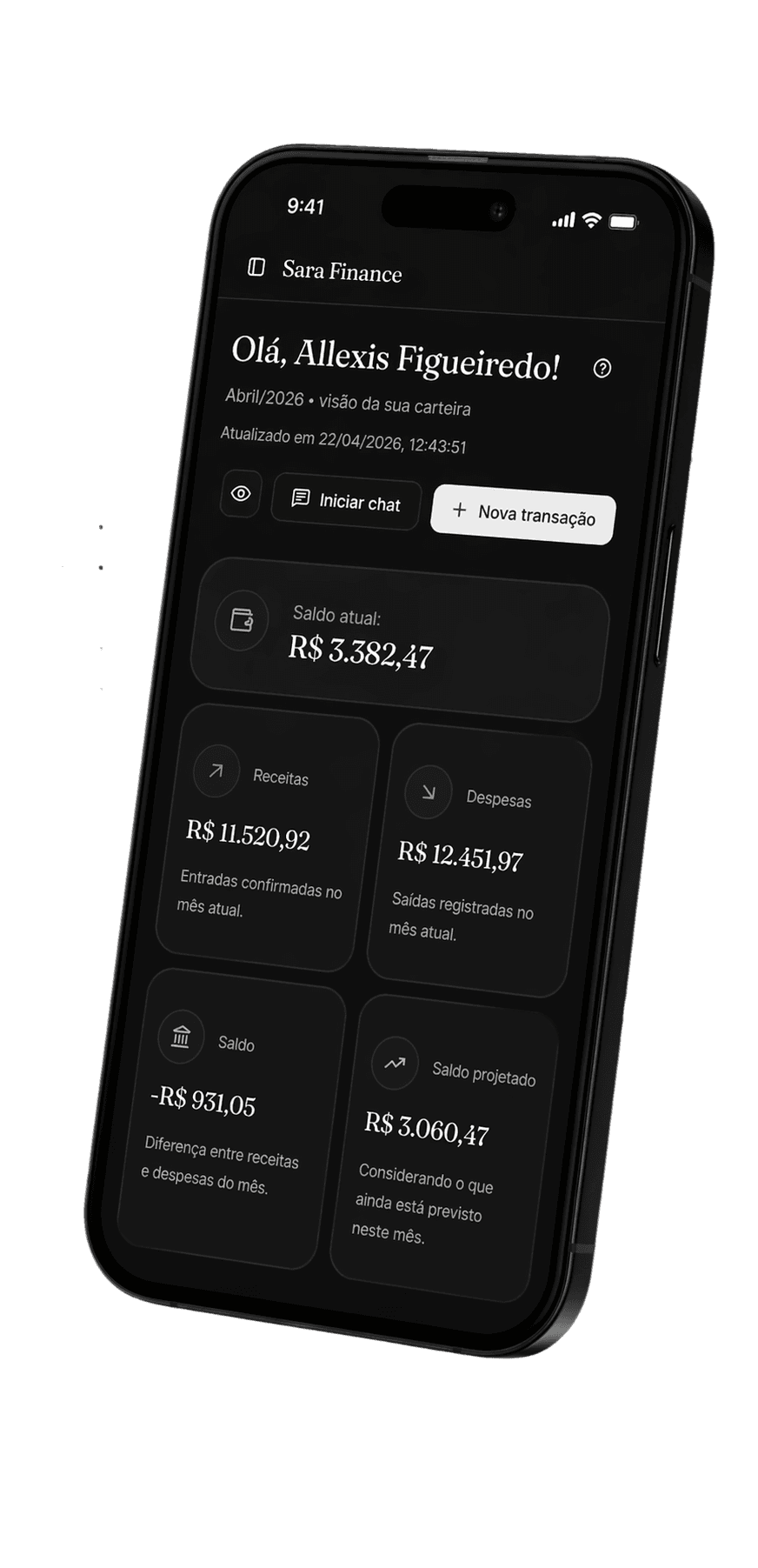 Prévia do app Sara Finance no telefone